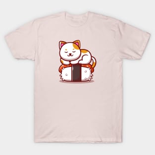 Cute Cat Sleeping On Salmon Sushi Cartoon T-Shirt